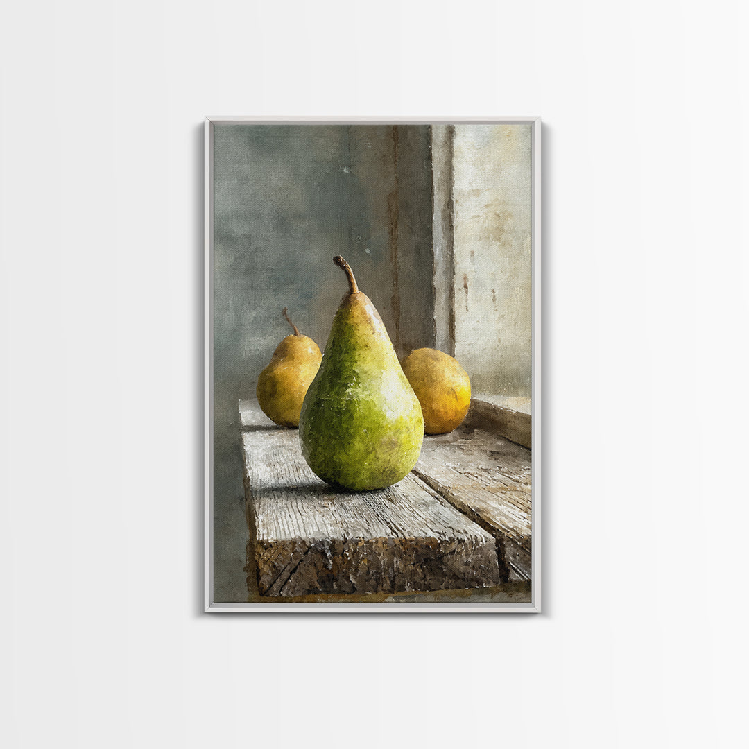 Rustic Pear Still Life on Plank Wood Framed Canvas Print, Farmhouse Art, Room Decor, Farmhouse Decor, Oil Painting, Harvest, FAR-2x3-51