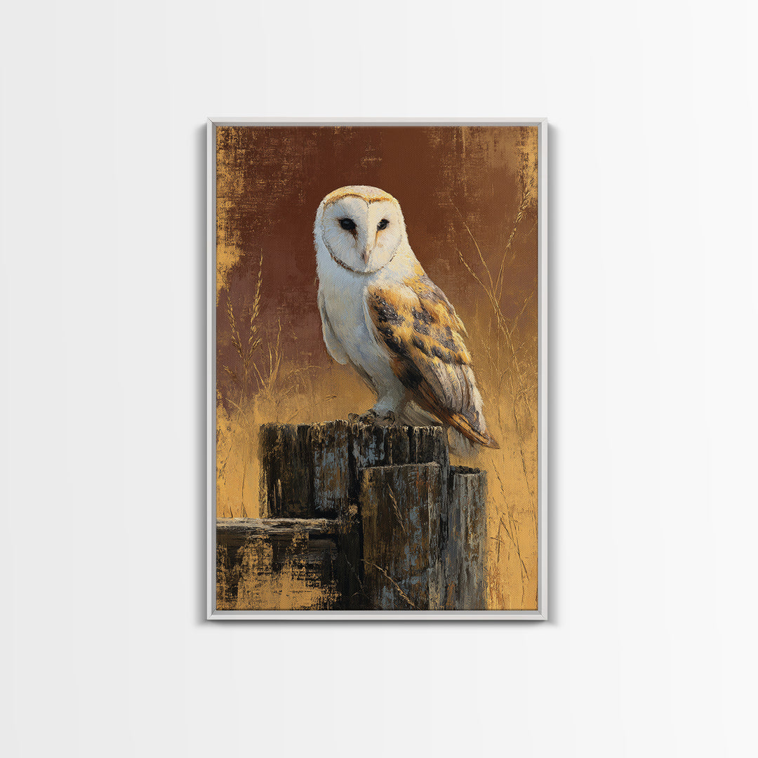 Barn Owl Perched on Aged Wood Framed Canvas Print, Farmhouse Art, Textured Painting, Farmhouse Decor, Fine Art, Harvest, FAR-2x3-55