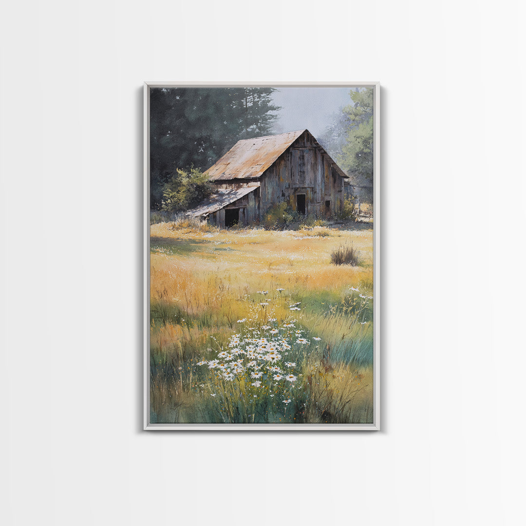 Rustic Barn in Golden Field Light Canvas Print, Farmhouse Art, Digital Prints, Farmhouse Decor, Harvest, Watercolor Painting, FAR-2x3-58