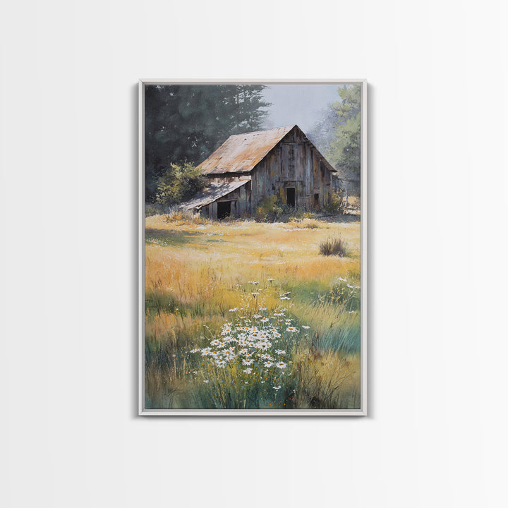 Rustic Barn in Golden Field Light Canvas Print, Farmhouse Art, Digital Prints, Farmhouse Decor, Harvest, Watercolor Painting, FAR-2x3-58
