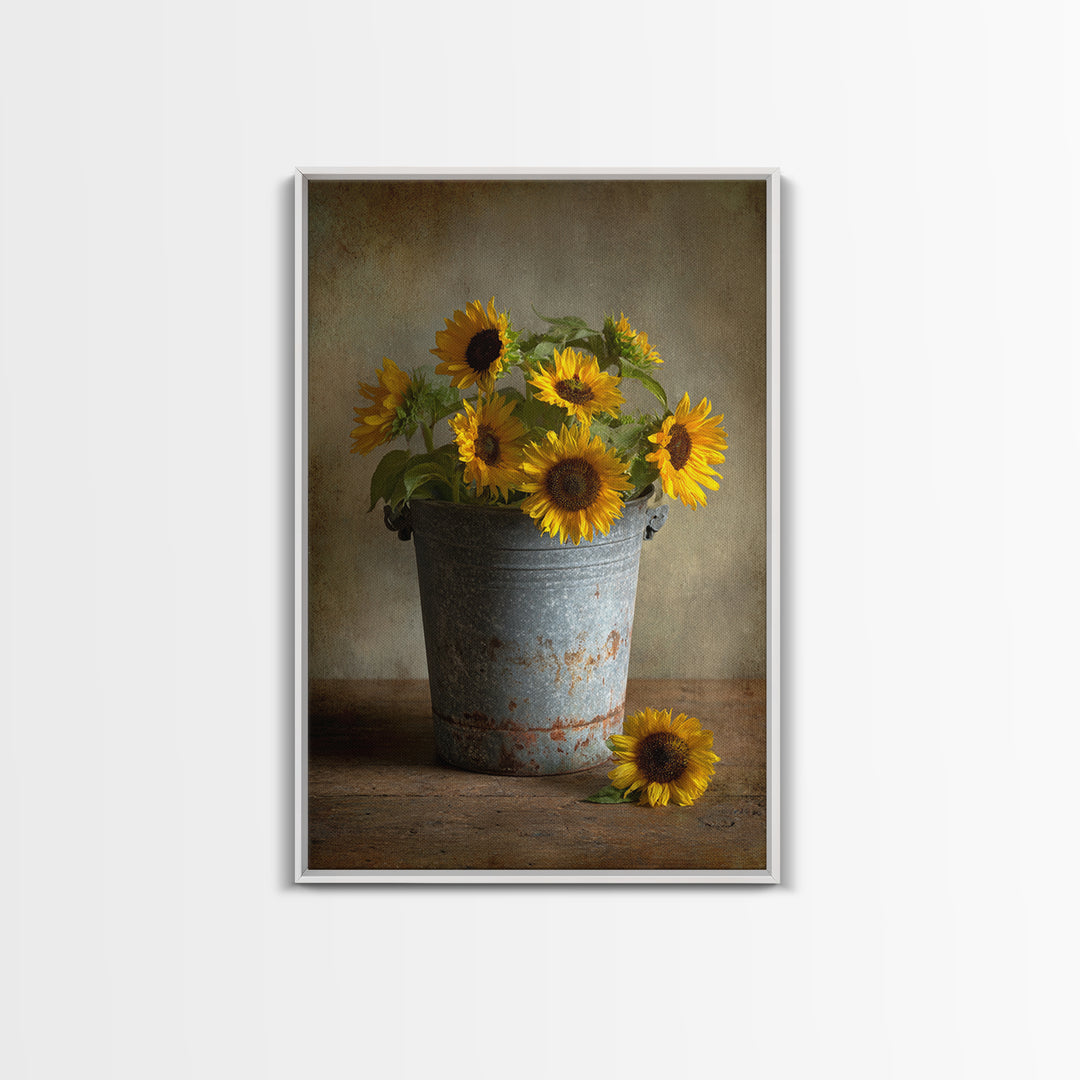 Sunflowers in a Galvanized Metal Bucket Framed Canvas Print, Farmhouse Art, Art, Farmhouse Decor, Watercolor Art, Harvest, FAR-2x3-59