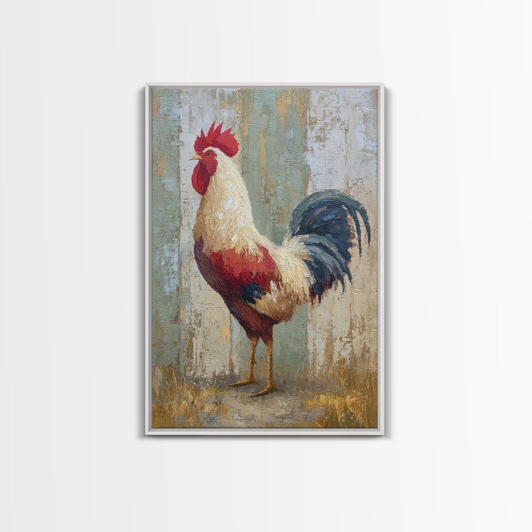 Rooster Painted in Cheerful Folk Colors Framed Canvas Print, Farmhouse Art, Wall Art, Farmhouse Decor, Fine Art, Harvest, FAR-2x3-60