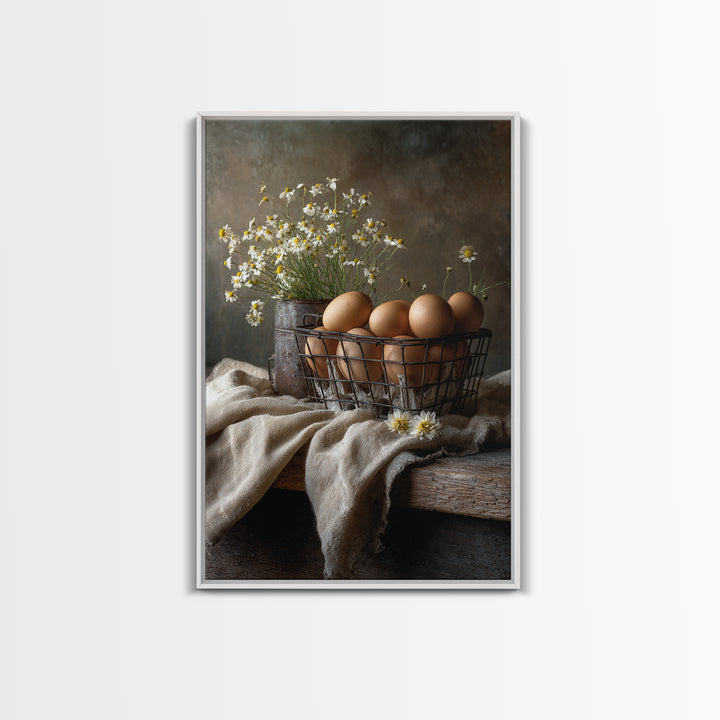 Fresh Eggs in a Wire Basket Canvas Print, Farmhouse Art, Farmhouse Decor, Abstract Art, Harvest, Sage Green Wall Art, FAR-2x3-62