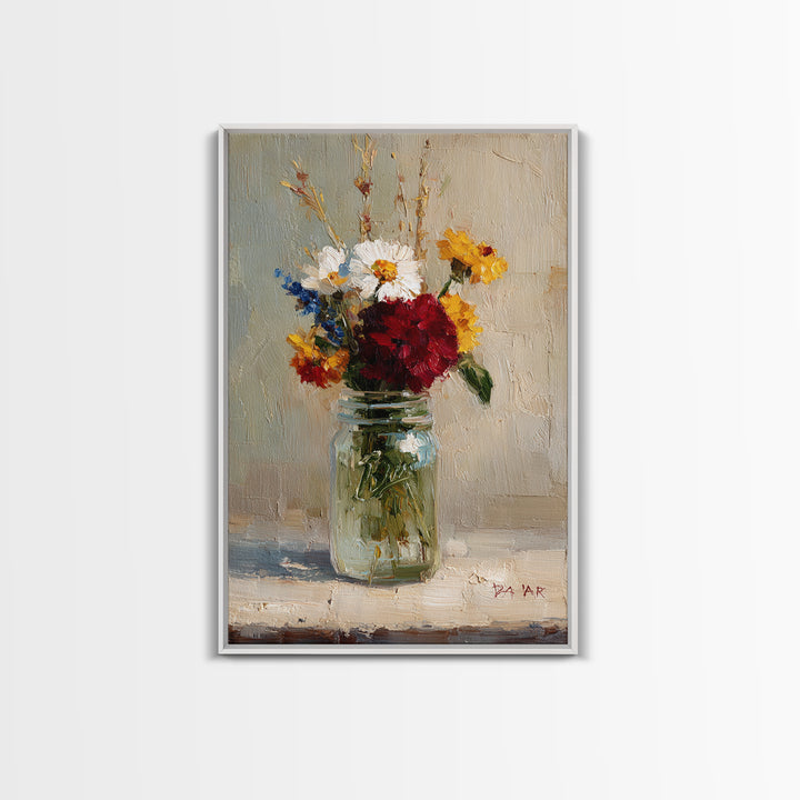 Wildflowers in a Mason Jar on Linen Framed Canvas Print, Farmhouse Art, Wall Decor, Farmhouse Decor, Fine Art, Harvest, FAR-2x3-63