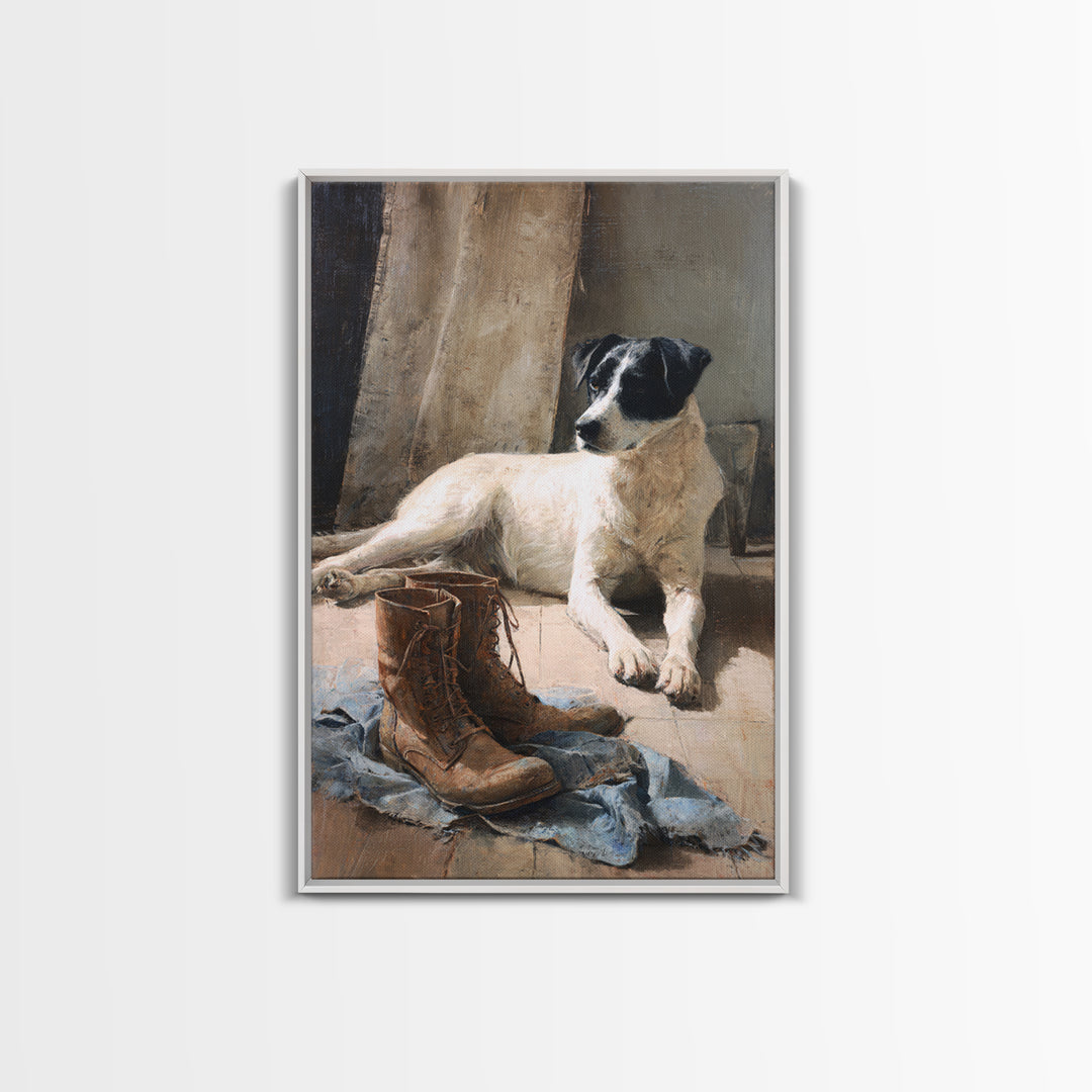 Farm Dog Lying Beside Weathered Boots Canvas Print, Farmhouse Art, Digital Wall Art, Farmhouse Decor, Fine Art, Harvest, FAR-2x3-65