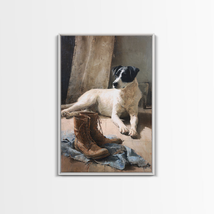 Farm Dog Lying Beside Weathered Boots Canvas Print, Farmhouse Art, Digital Wall Art, Farmhouse Decor, Fine Art, Harvest, FAR-2x3-65