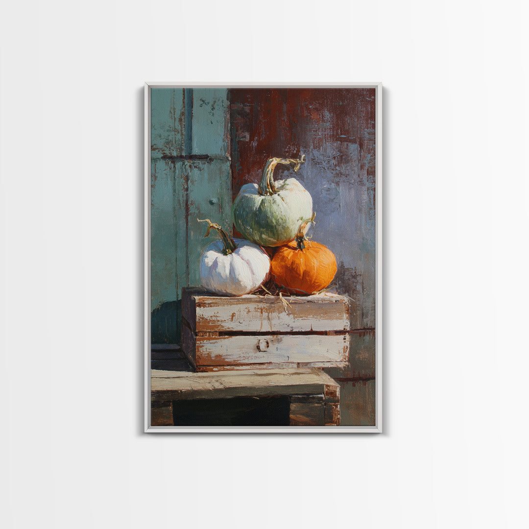 Pumpkins Stacked on a Wooden Crate Framed Canvas Print, Farmhouse Art, Digital Print, Farmhouse Decor, Fine Art, Harvest, FAR-2x3-69