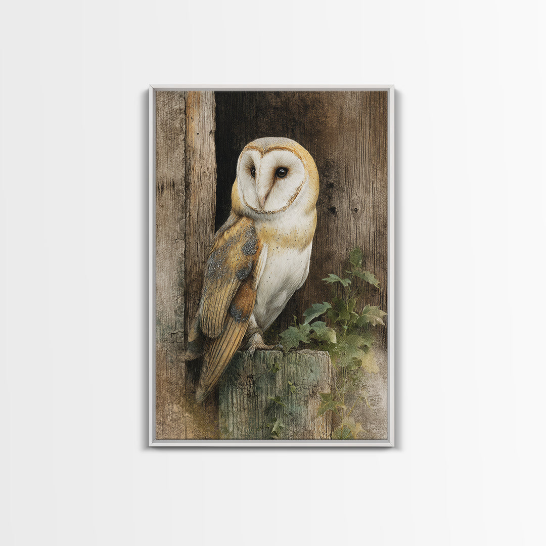 Barn Owl Perched on Aged Wood Canvas Print, Farmhouse Art, Floral Wall Art, Farmhouse Decor, Fine Art, Harvest, Boho Decor, FAR-2x3-7