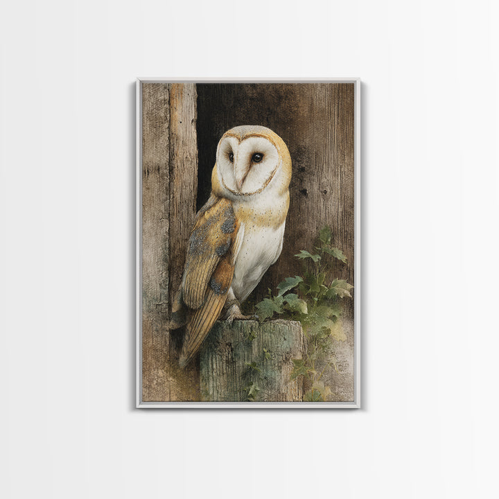 Barn Owl Perched on Aged Wood Canvas Print, Farmhouse Art, Floral Wall Art, Farmhouse Decor, Fine Art, Harvest, Boho Decor, FAR-2x3-7