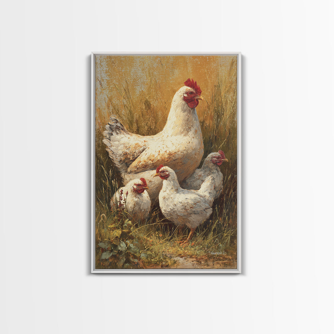Chicken Family in a Garden Patch Canvas Print, Farmhouse Art, Farmhouse Decor, Oil Painting, Harvest, Sage Green Wall Art, FAR-2x3-71