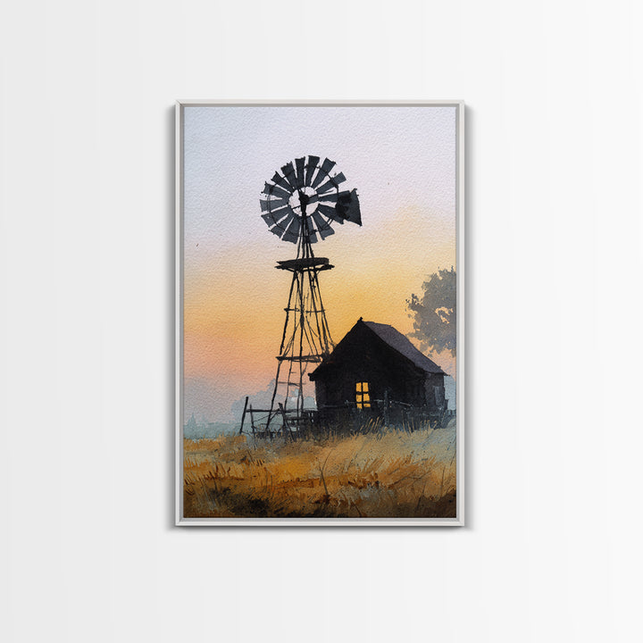 Windmill Silhouette at Sunset Framed Canvas Print, Farmhouse Art, Printable Art, Farmhouse Decor, Harvest, Landscape Painting, FAR-2x3-73