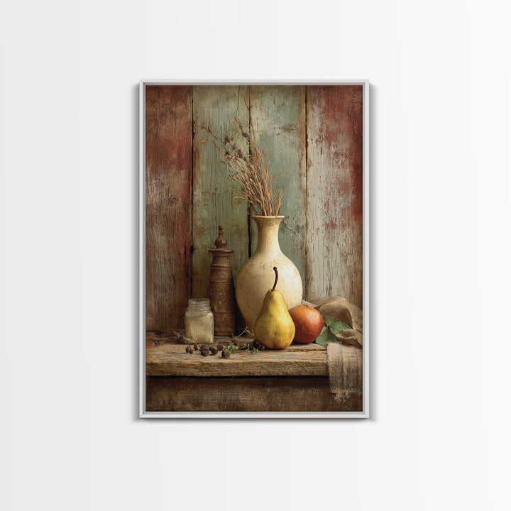 Rustic Pear Still Life on Plank Wood Framed Canvas Print, Farmhouse Art, Digital Art, Farmhouse Decor, Fine Art, Harvest, FAR-2x3-75