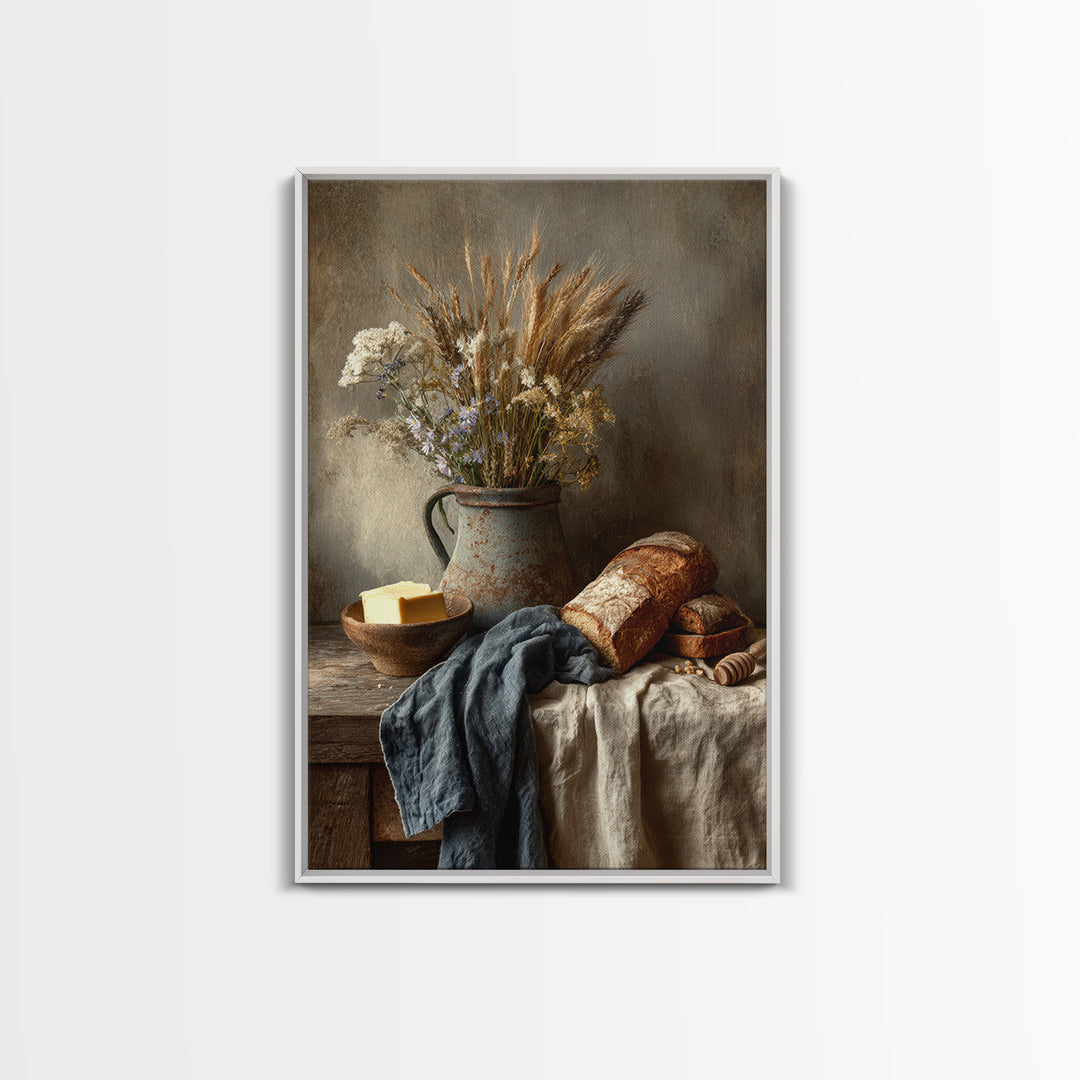 Fresh Bread Honey and Butter Still Life Framed Canvas Print, Farmhouse Art, Black Wall Art, Farmhouse Decor, Oil Painting, FAR-2x3-8