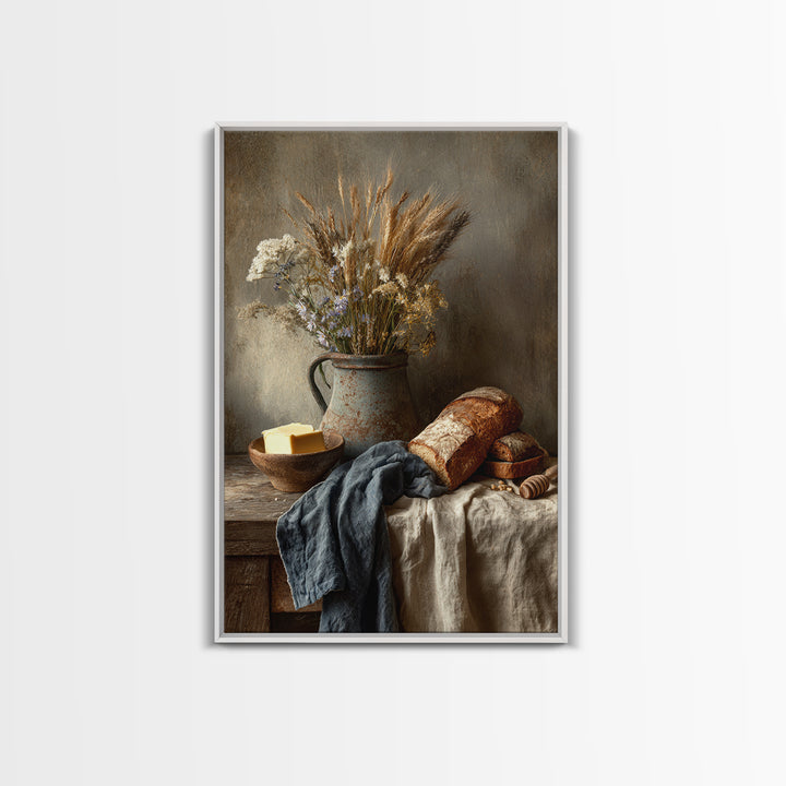 Fresh Bread Honey and Butter Still Life Framed Canvas Print, Farmhouse Art, Black Wall Art, Farmhouse Decor, Oil Painting, FAR-2x3-8
