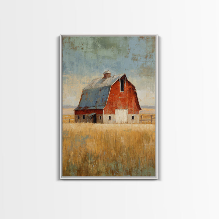Rustic Barn in Golden Field Light Canvas Print, Farmhouse Art, Digital Prints, Farmhouse Decor, Harvest, Watercolor Painting, FAR-2x3-82