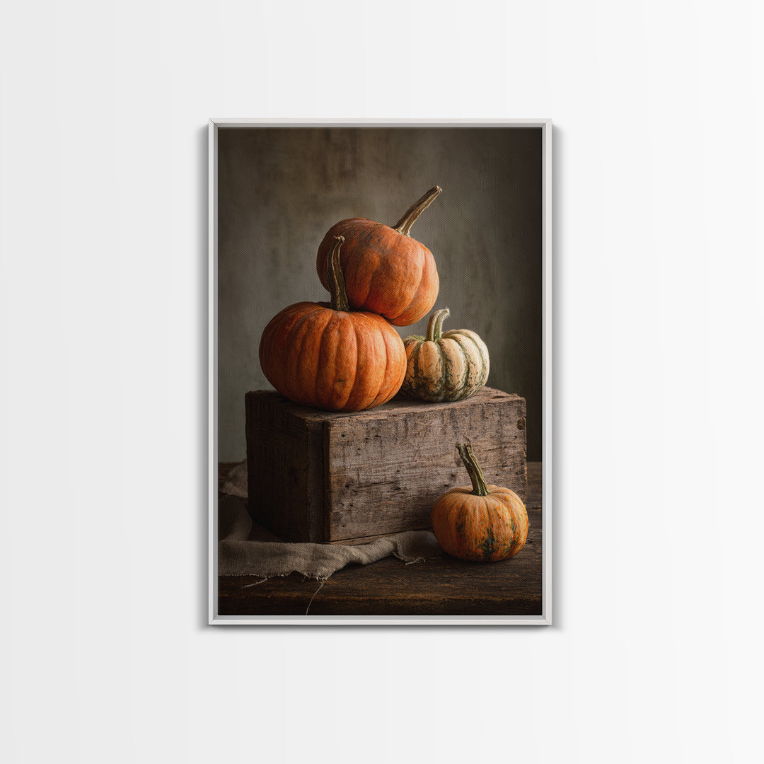 Pumpkins Stacked on a Wooden Crate Framed Canvas Print, Farmhouse Art, Digital Print, Farmhouse Decor, Fine Art, Harvest, FAR-2x3-93