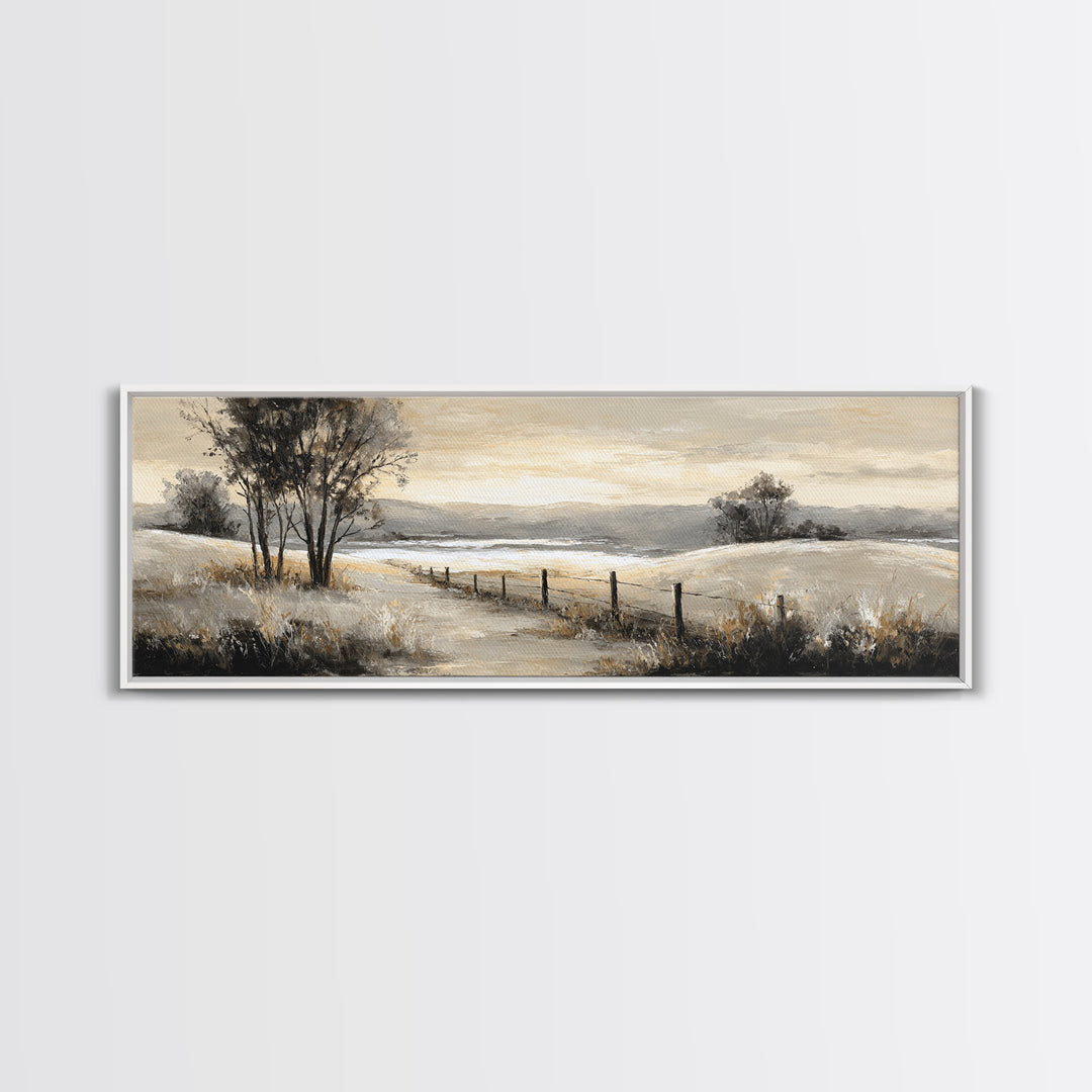 Rustic Barn in Golden Field Light Framed Canvas Print, Farmhouse Art, Oil Painting, Farmhouse Decor, Fine Art, Harvest, FAR-3x1-18