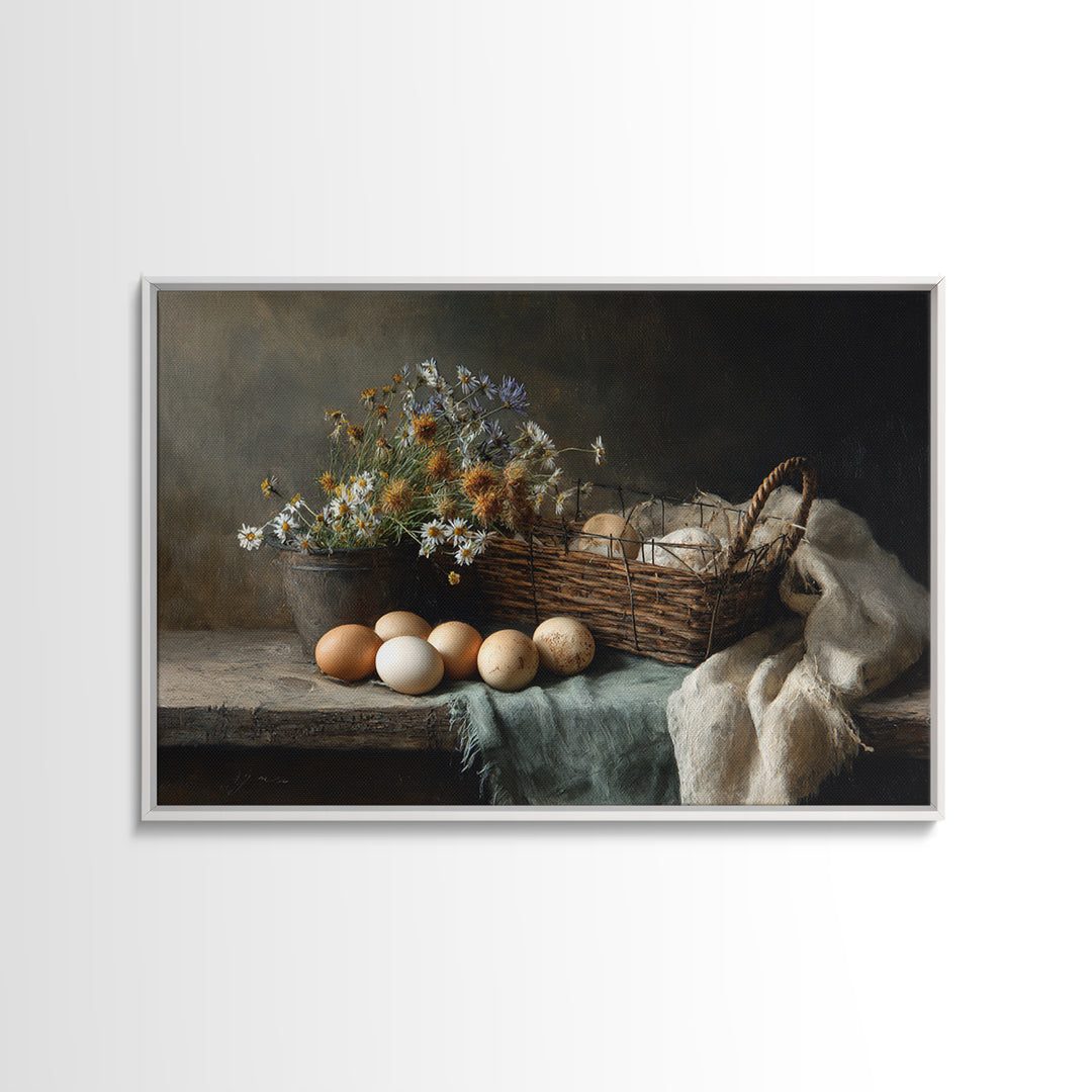 Fresh Eggs in a Wire Basket Framed Canvas Print, Farmhouse Art, Printable Art, Farmhouse Decor, Harvest, Landscape Painting, FAR-3x2-10
