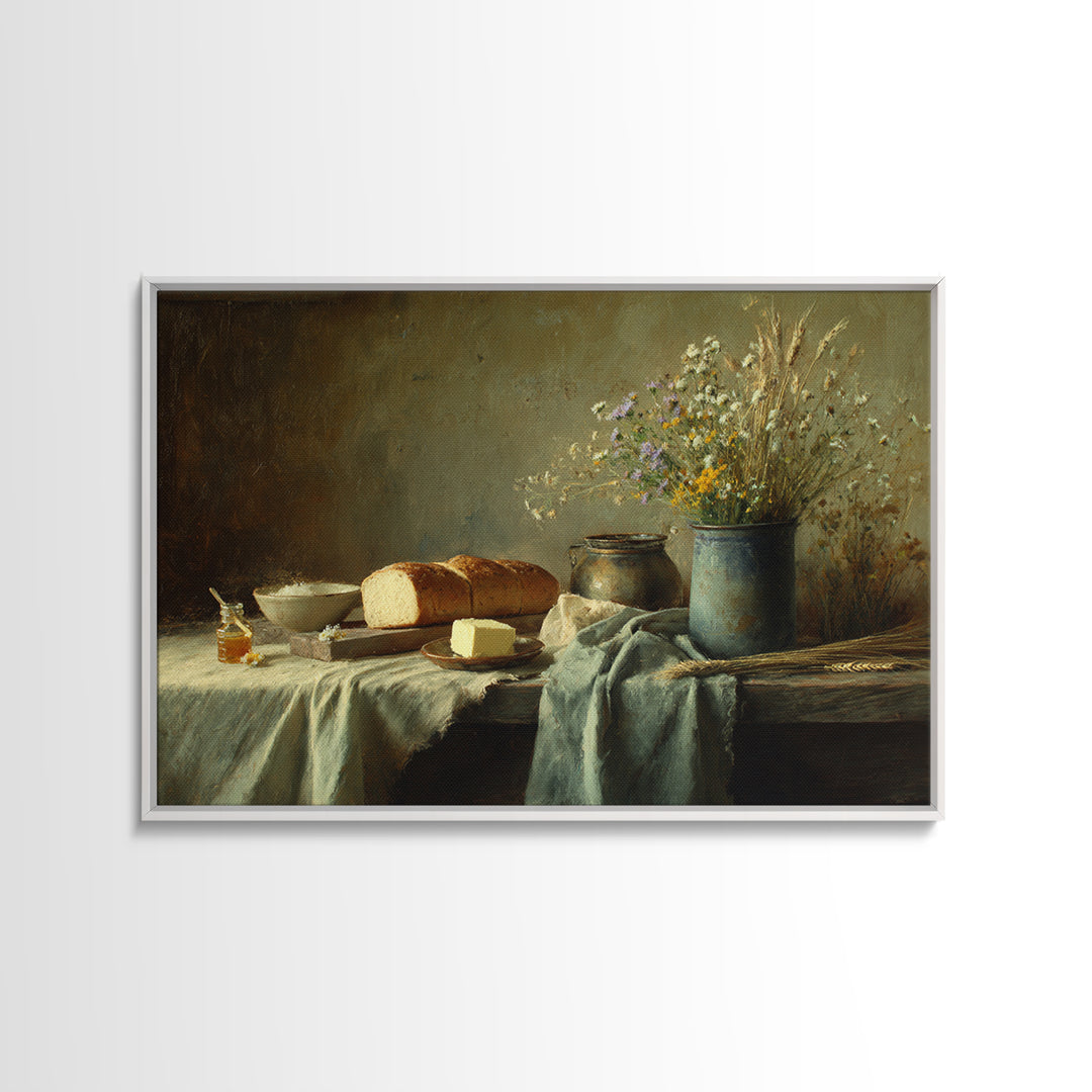 Fresh Bread Honey and Butter Still Life Framed Canvas Print, Farmhouse Art, Fine Art Print, Farmhouse Decor, Oil Painting, FAR-3x2-100