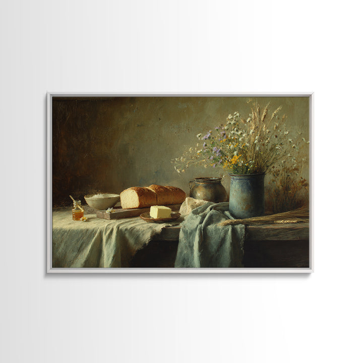 Fresh Bread Honey and Butter Still Life Framed Canvas Print, Farmhouse Art, Fine Art Print, Farmhouse Decor, Oil Painting, FAR-3x2-100