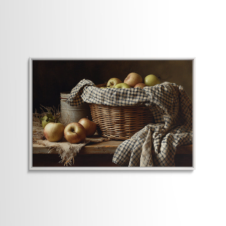 Apple Basket with Gingham Cloth Framed Canvas Print, Farmhouse Art, Oil Painting, Farmhouse Decor, Fine Art, Harvest, FAR-3x2-15