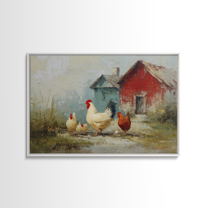 Chicken Family in a Garden Patch Framed Canvas Print, Farmhouse Art, Floral Wall Art, Farmhouse Decor, Fine Art, Harvest, FAR-3x2-19
