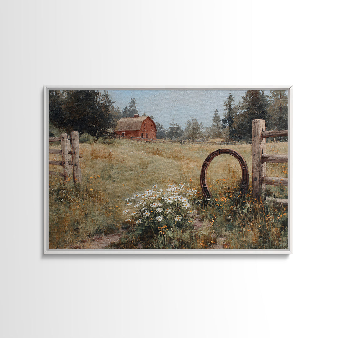 Weathered Horseshoe and Wildflowers Framed Canvas Print, Farmhouse Art, Sage Green Wall Art, Farmhouse Decor, Fine Art, Harvest, FAR-3x2-25