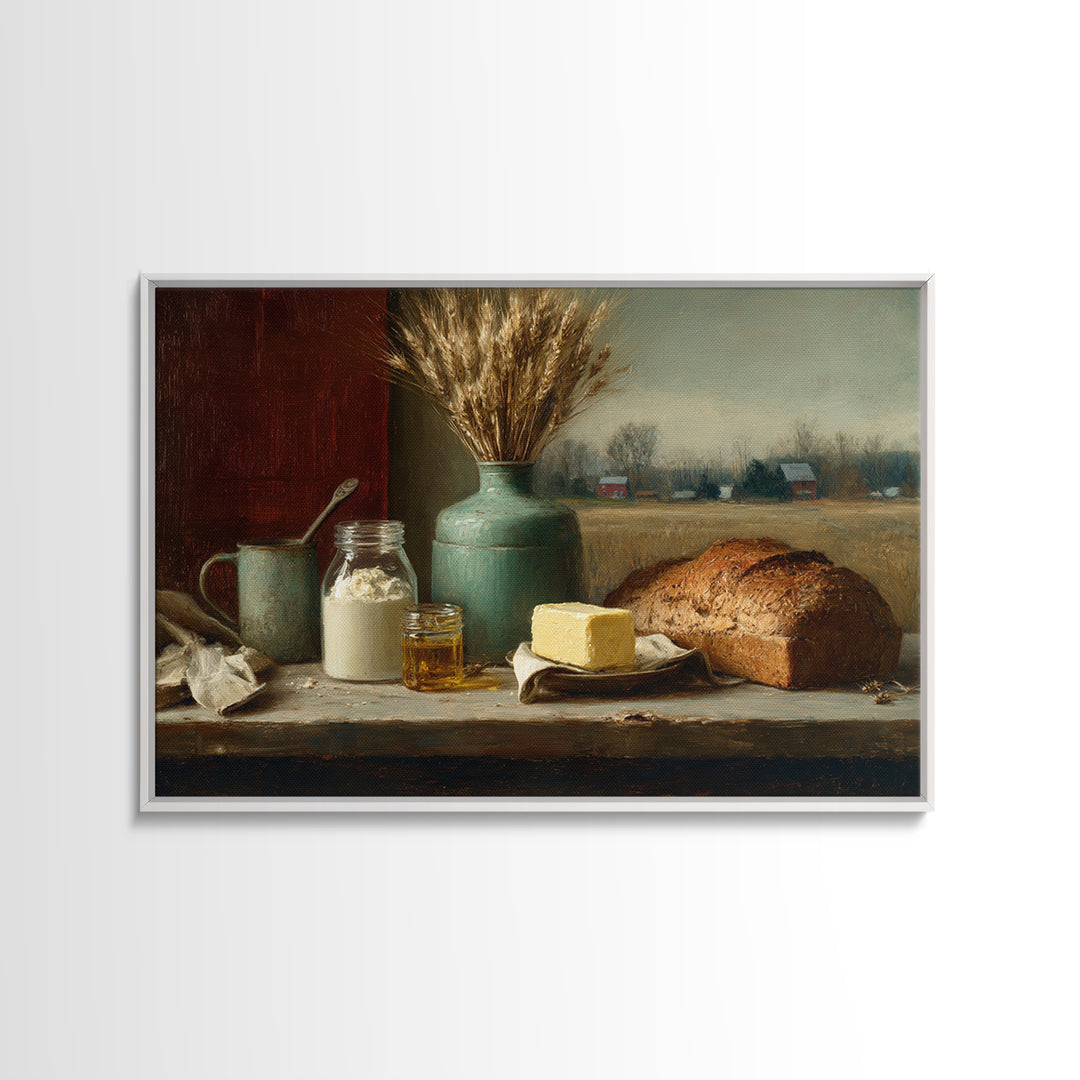 Fresh Bread Honey and Butter Still Life Framed Canvas Print, Farmhouse Art, Digital Print, Farmhouse Decor, Fine Art, Harvest, FAR-3x2-28