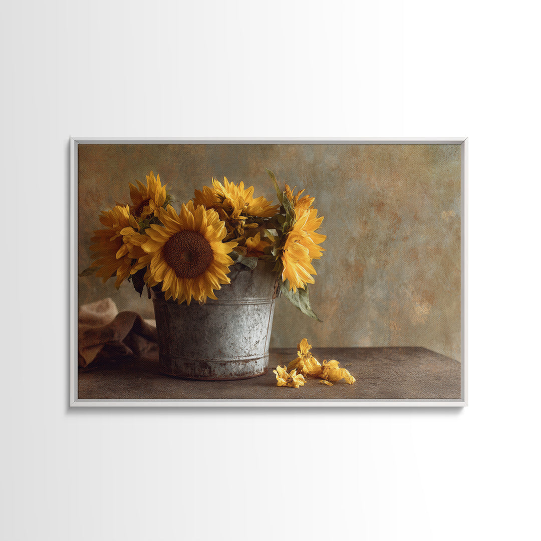 Sunflowers in a Galvanized Metal Bucket Framed Canvas Print, Farmhouse Art, Landscape Painting, Farmhouse Decor, Harvest, FAR-3x2-31