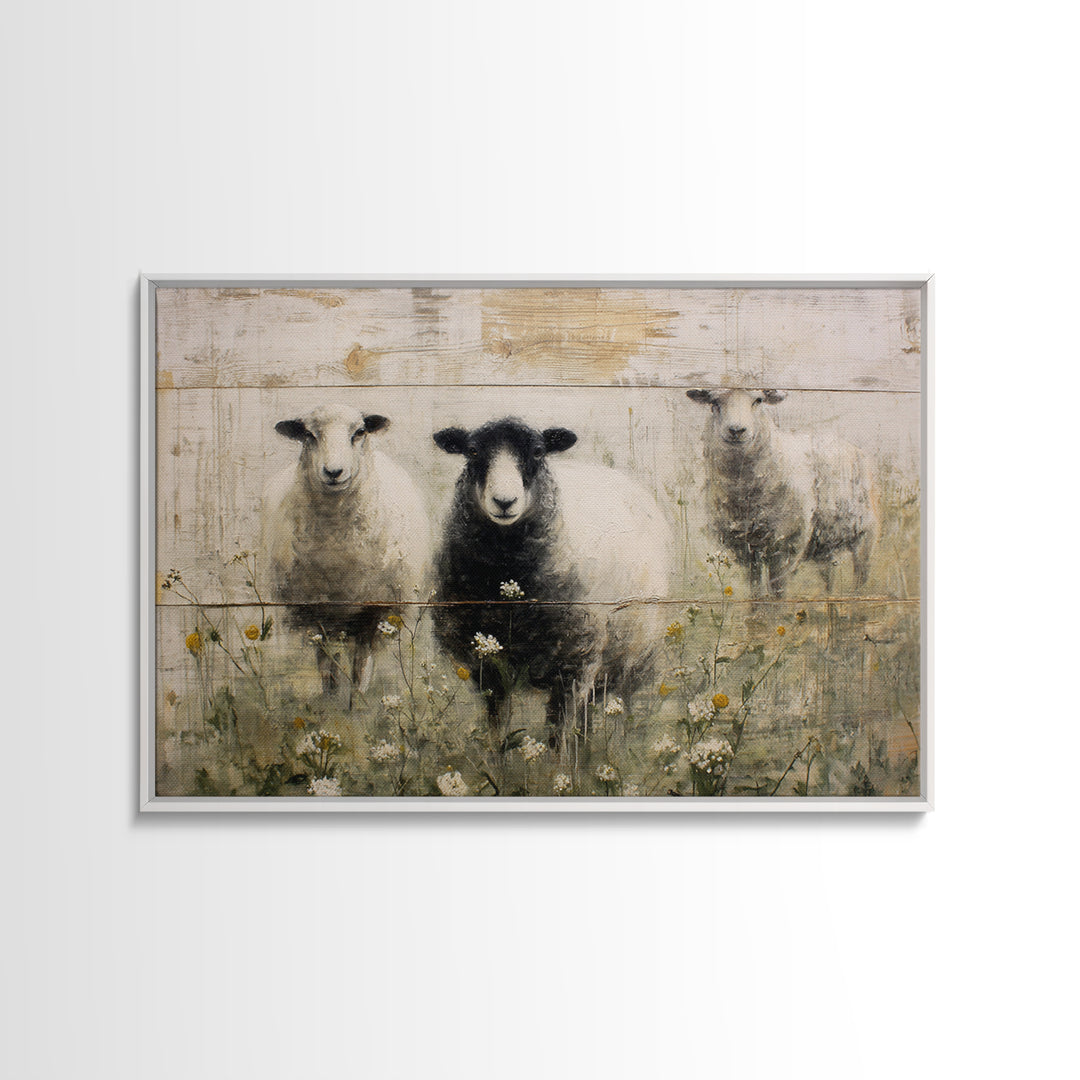 Black and White Sheep Framed Canvas Print, Farmhouse Art, Sage Green Wall Art, Farmhouse Decor, Harvest, Gallery Decor, FAR-3x2-36