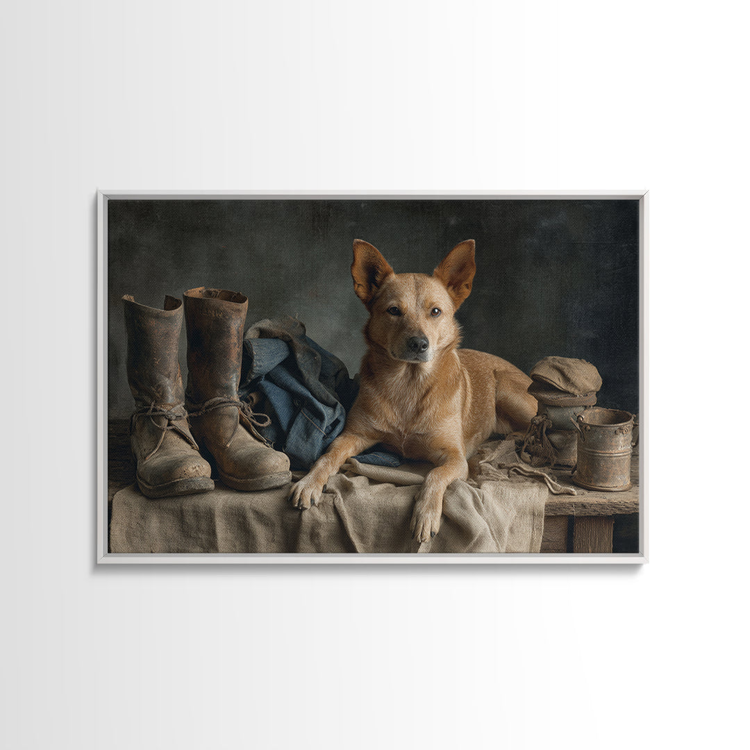 Farm Dog Lying Beside Weathered Boots Canvas Print, Farmhouse Art, Farmhouse Wall Decor, Farmhouse Decor, Oil Painting, Harvest, FAR-3x2-37