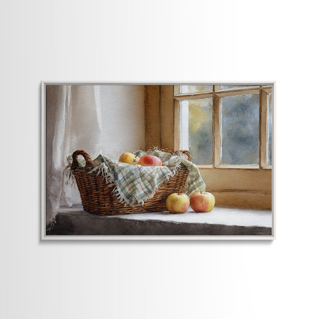 Apple Basket with Gingham Cloth Framed Canvas Print, Farmhouse Art, Neutral Decor, Farmhouse Decor, Fine Art, Harvest, FAR-3x2-39