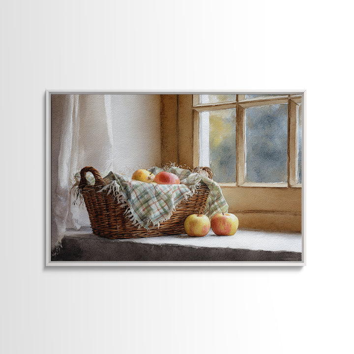 Apple Basket with Gingham Cloth Framed Canvas Print, Farmhouse Art, Neutral Decor, Farmhouse Decor, Fine Art, Harvest, FAR-3x2-39