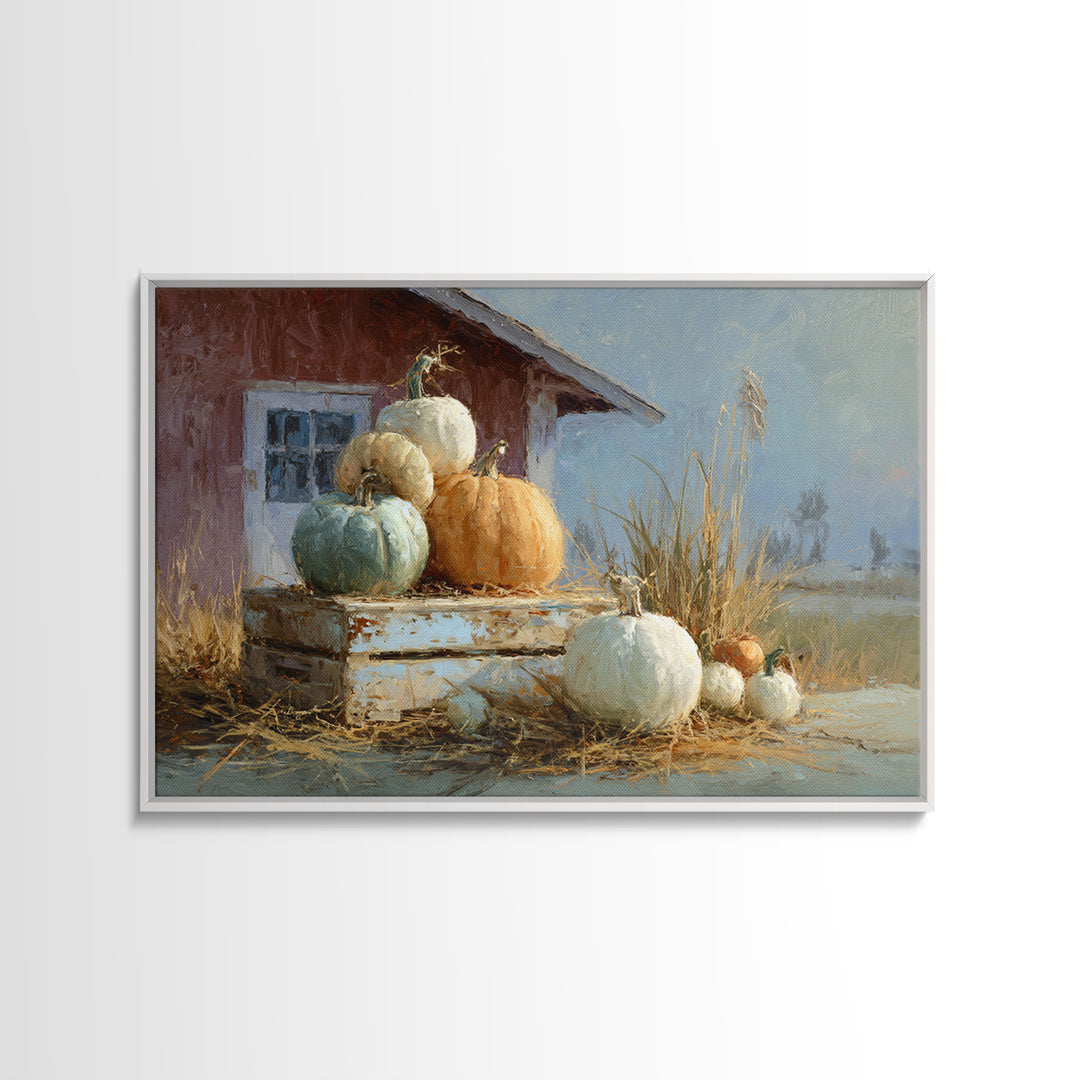 Pumpkins Stacked on a Wooden Crate Framed Canvas Print, Farmhouse Art, Botanical Prints, Farmhouse Decor, Watercolor Art, FAR-3x2-41