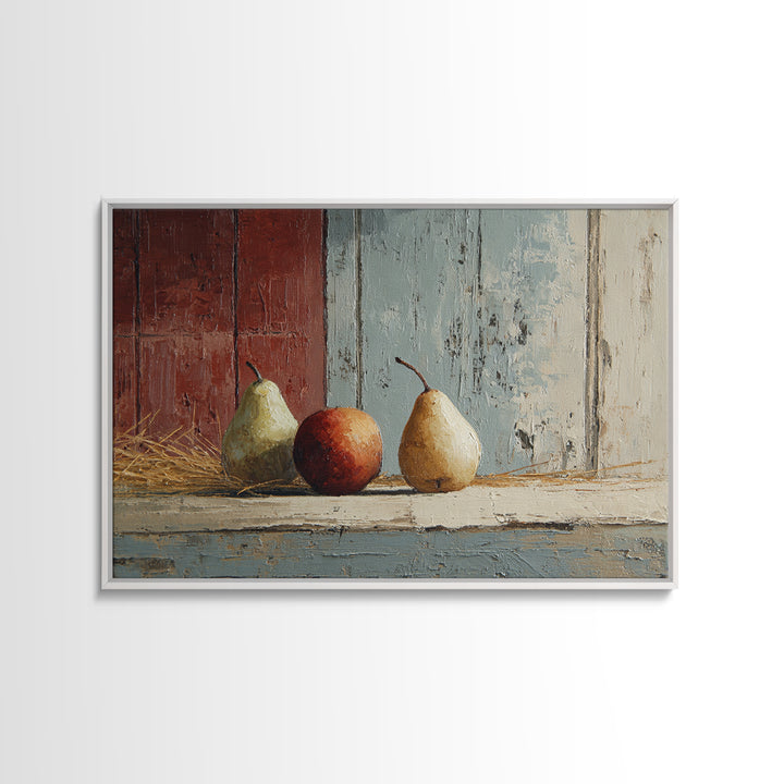 Rustic Pear Still Life on Plank Wood Framed Canvas Print, Farmhouse Art, Room Decor, Farmhouse Decor, Oil Painting, Harvest, FAR-3x2-47