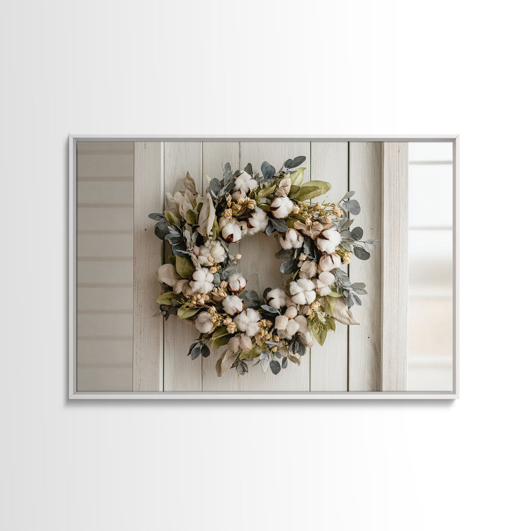 Farmhouse Wreath of Cotton Stems and Eucalyptus Canvas Print, Farmhouse Art, Farmhouse Wall Decor, Farmhouse Decor, Harvest, FAR-3x2-48