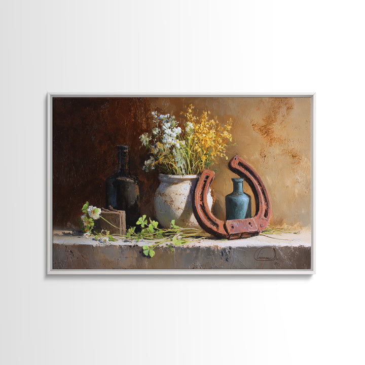 Weathered Horseshoe and Wildflowers Canvas Print, Farmhouse Art, Landscape Painting, Farmhouse Decor, Oil Painting, Harvest, FAR-3x2-49