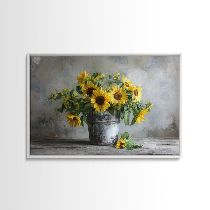 Sunflowers in a Galvanized Metal Bucket Framed Canvas Print, Farmhouse Art, Art, Farmhouse Decor, Watercolor Art, Harvest, FAR-3x2-55