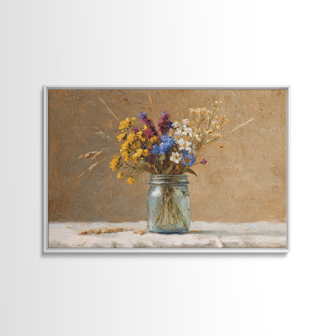Wildflowers in a Mason Jar on Linen Framed Canvas Print, Farmhouse Art, Art Print, Farmhouse Decor, Fine Art, Harvest, FAR-3x2-59