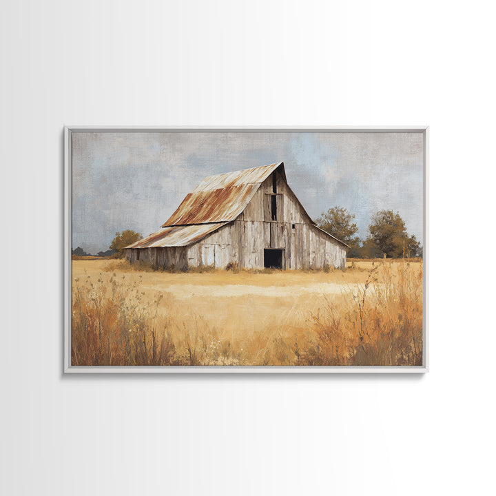 Rustic Barn in Golden Field Light Framed Canvas Print, Farmhouse Art, Digital Print, Farmhouse Decor, Fine Art, Harvest, FAR-3x2-6