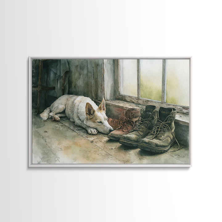 Farm Dog Lying Beside Weathered Boots Canvas Print, Farmhouse Art, Farmhouse Wall Decor, Farmhouse Decor, Oil Painting, Harvest, FAR-3x2-61