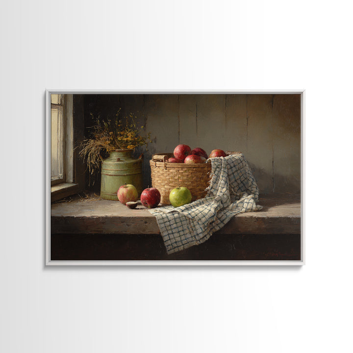Apple Basket with Gingham Cloth Framed Canvas Print, Farmhouse Art, Digital Print, Farmhouse Decor, Fine Art, Harvest, FAR-3x2-63