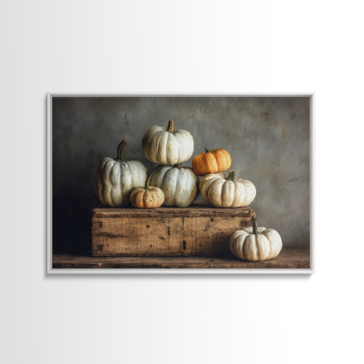 Pumpkins Stacked on a Wooden Crate Framed Canvas Print, Farmhouse Art, Botanical Prints, Farmhouse Decor, Watercolor Art, FAR-3x2-65