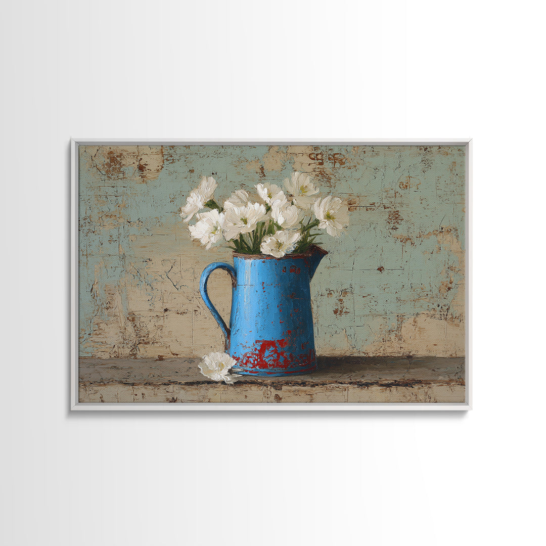 Blue Enamel Pitcher Canvas Print, Farmhouse Art, Neutral Decor, Farmhouse Decor, Oil Painting, Harvest, Wall Art, Home Decor, FAR-3x2-68