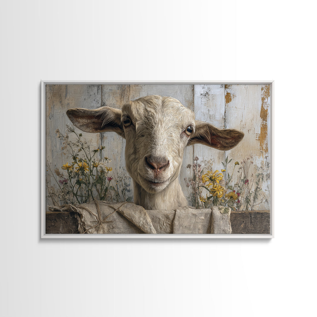 Goat Portrait with Playful Expression Framed Canvas Print, Farmhouse Art, Living Room Decor, Farmhouse Decor, Fine Art, Harvest, FAR-3x2-70