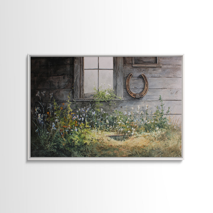 Weathered Horseshoe and Wildflowers Canvas Print, Farmhouse Art, Landscape Painting, Farmhouse Decor, Oil Painting, Harvest, FAR-3x2-73