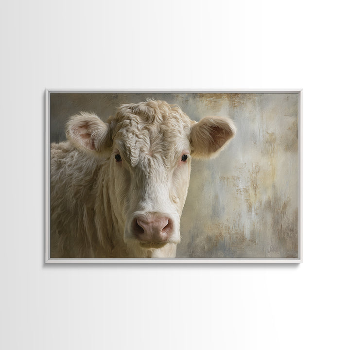 White Cow Portrait Framed Canvas Print, Farmhouse Art, Gallery Decor, Farmhouse Decor, Oil Painting, Harvest, Contemporary Art, FAR-3x2-77