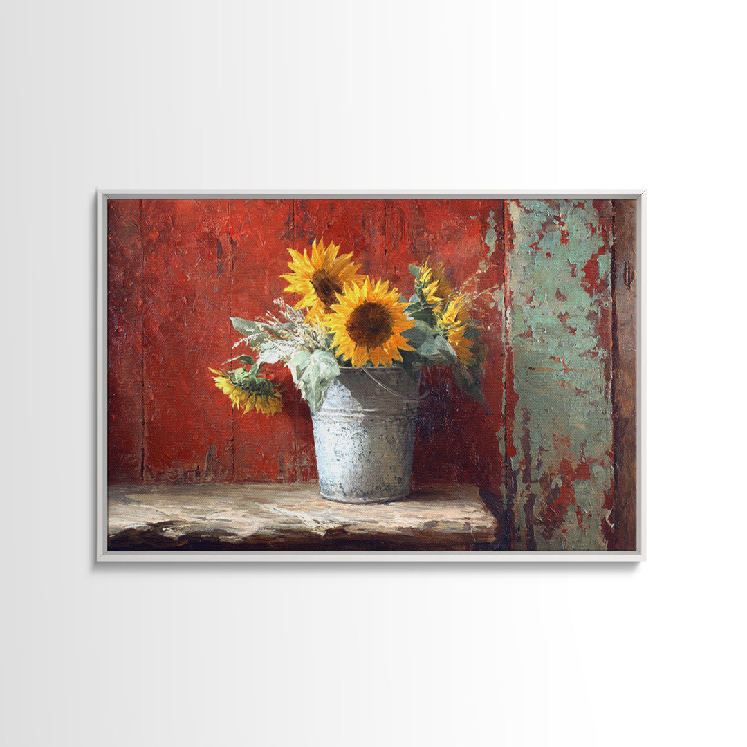 Sunflowers in a Galvanized Metal Bucket Framed Canvas Print, Farmhouse Art, Gallery Wall, Farmhouse Decor, Watercolor Art, FAR-3x2-79