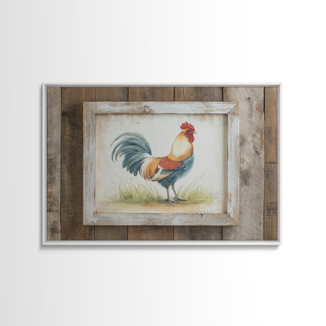 Rooster Painted in Cheerful Folk Colors Framed Canvas Print, Farmhouse Art, Printable Art, Farmhouse Decor, Oil Painting, FAR-3x2-8