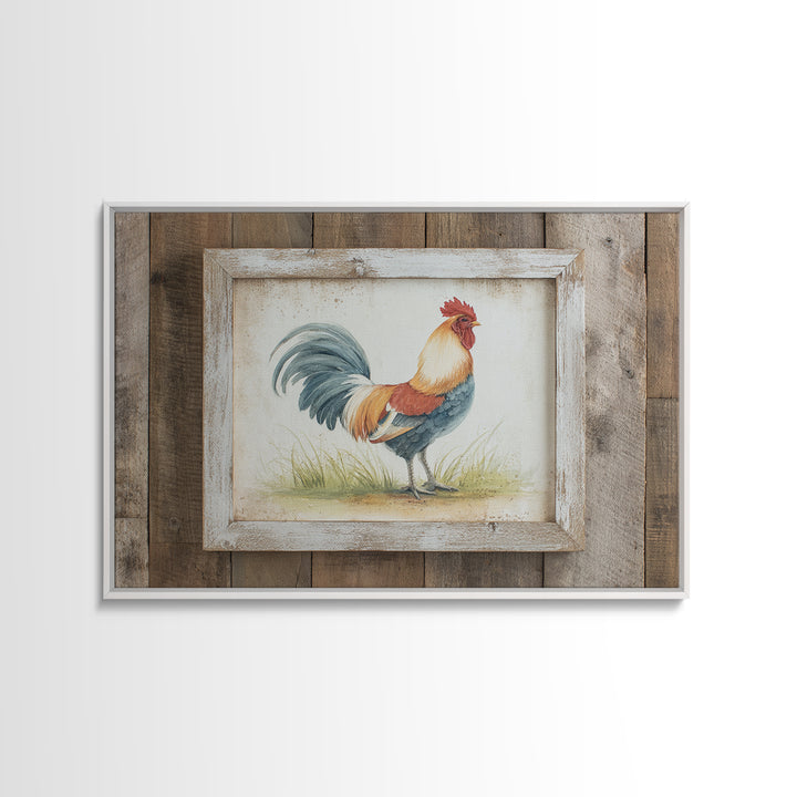 Rooster Painted in Cheerful Folk Colors Framed Canvas Print, Farmhouse Art, Printable Art, Farmhouse Decor, Oil Painting, FAR-3x2-8